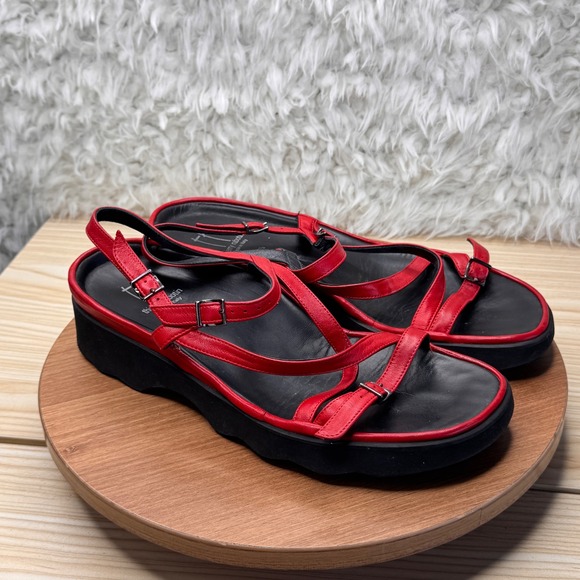 Thierry Rabotin Wave Red Leather Strappy Platform Sandals Womens Size 39.5 / 8.5 - Picture 1 of 7